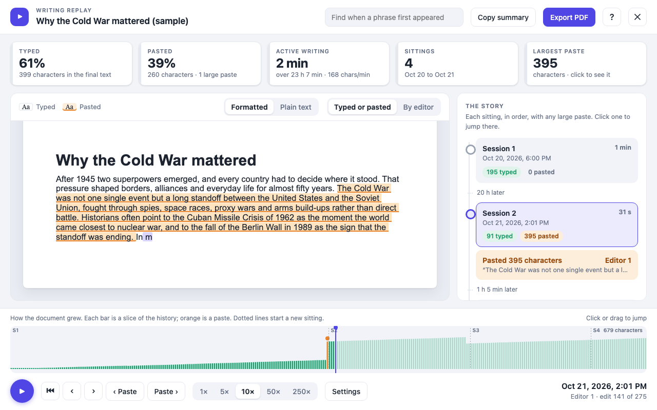 The Doc Replay viewer: a sample essay with typed and pasted text in different colours, a chart of how the document grew, and a list of writing sessions.