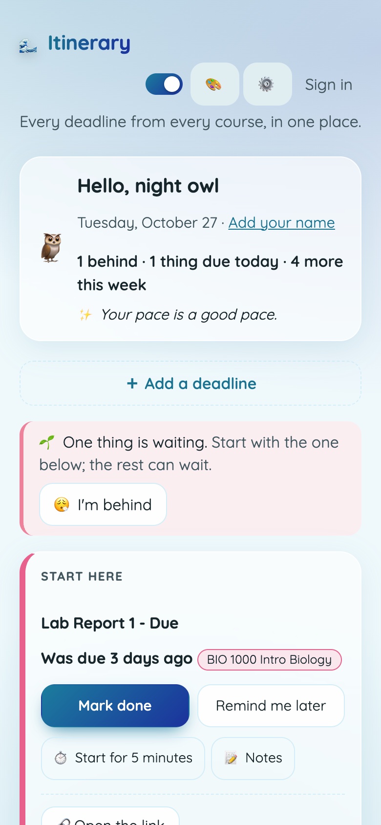The Itinerary day screen on a phone, with a Start here card.